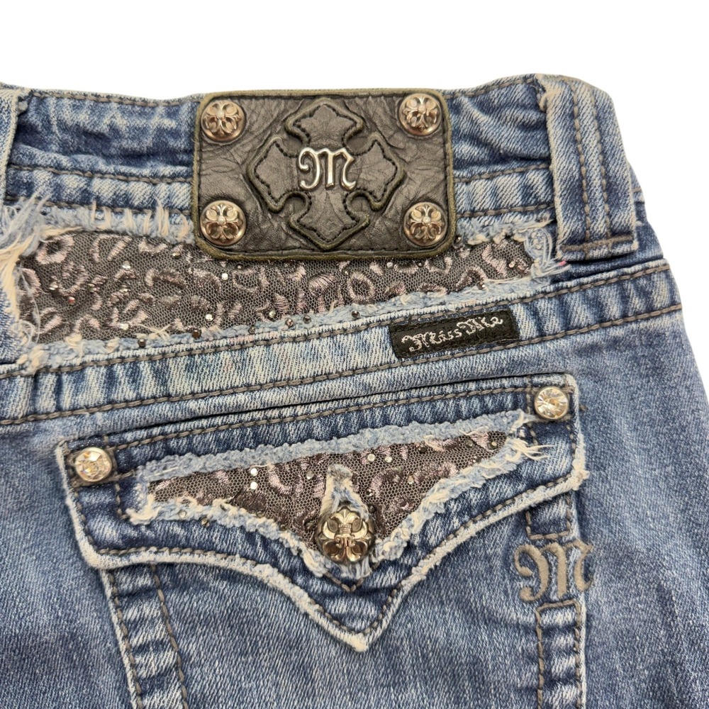 Miss Me Womens Jeans 32 Bootcut Blue Low Rise Distressed Embellished JP5002 - Picture 9 of 16